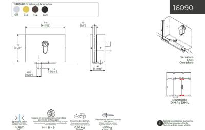 Serrure avec axe D12 CASMA 16090 sans découpe dans le verre - Cyl. Euro - 110x77
